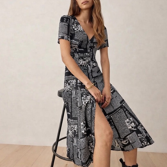 REFORMATION Locklin Zine Newspaper Black White Print Midi Dress Size 4 - Picture 3 of 8